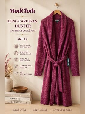 ModCloth Magenta Bouclé Knit Belted Long Cardigan Duster Size 1X